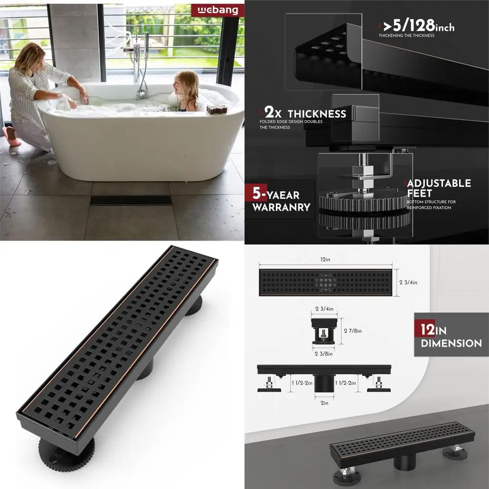 

12 Inch Rectangular Shower Drain with Square Pattern Cover, Removable Grate, Oil Rubbed Bronze Finish, Stainless Steel, CUPC Cer