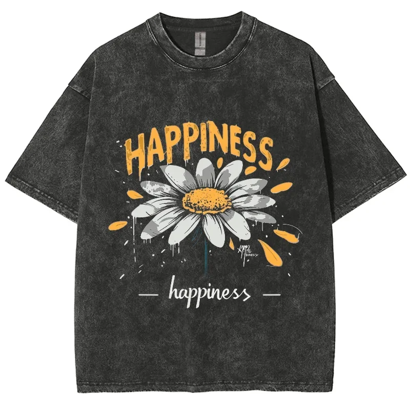 Danqi Yoyo Yellow Cartoon Little Daisy Print T-Shirt Loose Mens T-Shirt   Short Sleeve American Vintage Street Top Casual Tee