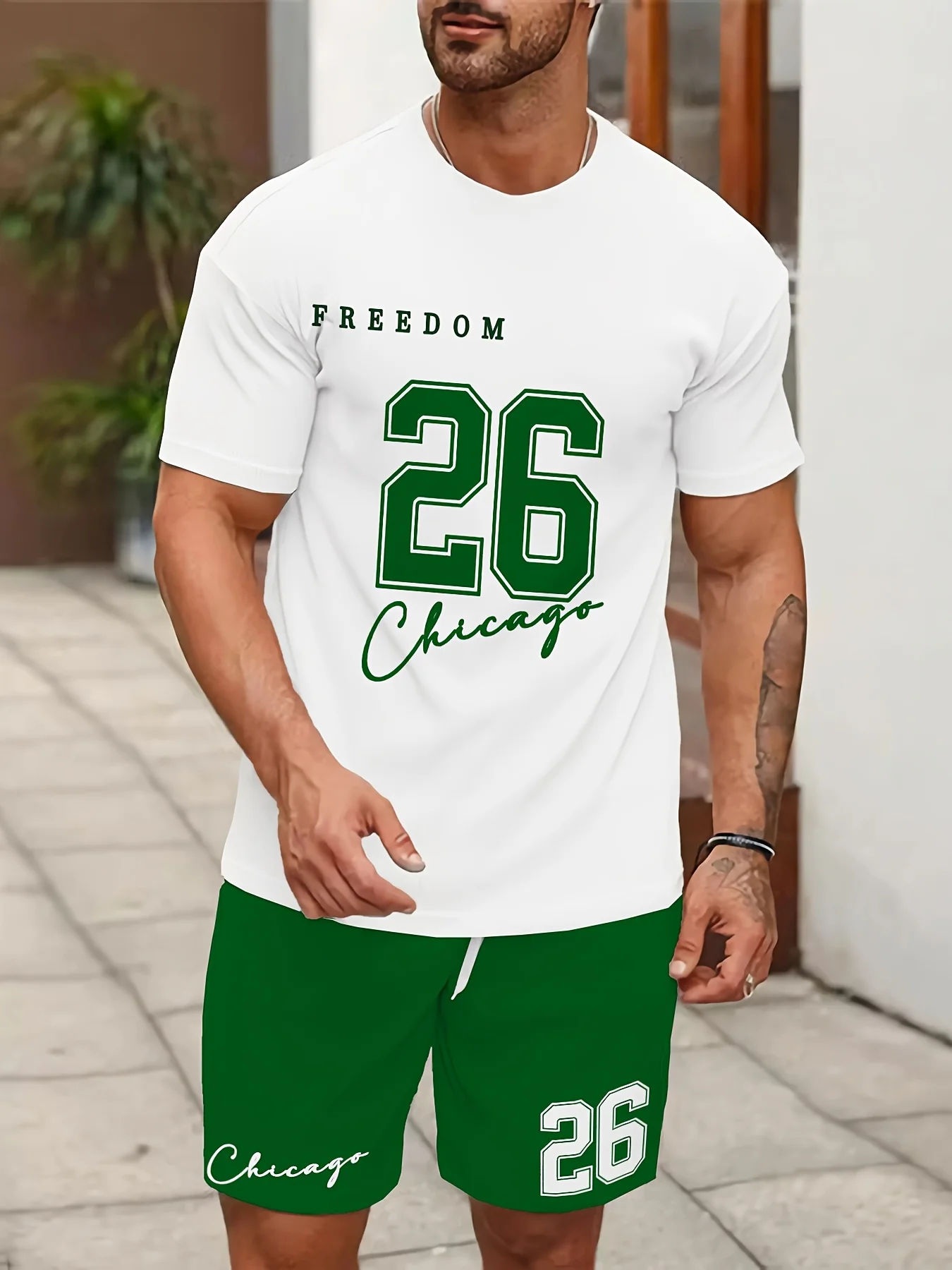 

2025 Тренд No. 26, повседневная универсальная футболка с принтом, комплект с шортами, спортивная дышащая быстросохнущая мужская футболка, комплект с шортами