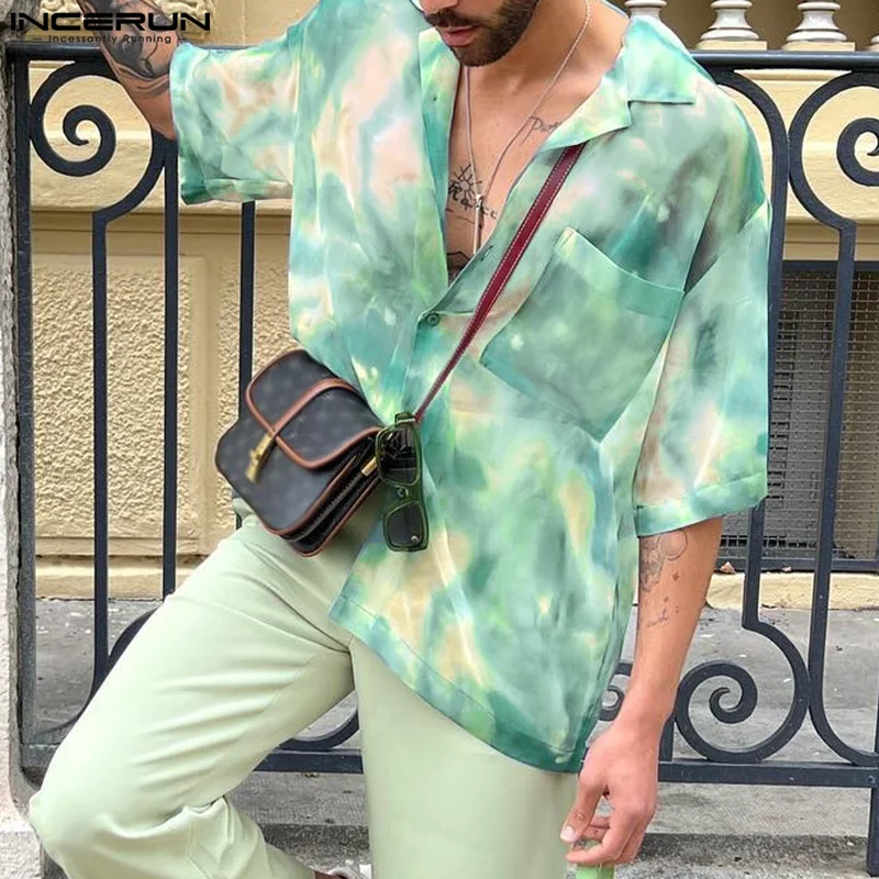 INCERUN Tops 2024 American Style Fashion Men Tie Dyed Chiffon Shirts Male Streetwear Personality Half Sleeved Lapel Blouse S-5XL