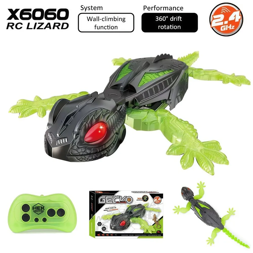 Zabawka RC - łapacz ścian, zdalnie sterowany, z akumulatorem, z oczami LED, wspinający się gekon, realistyczny robot.