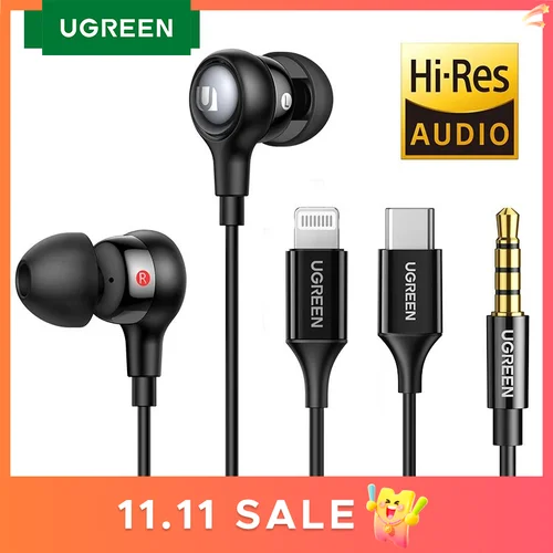 UGREEN-auriculares intrauditivos con cable y micrófono, dispositivo de audio con cancelación de ruido, USB tipo C, Lightning, para iPhone y Xiaomi, 3,5mm
