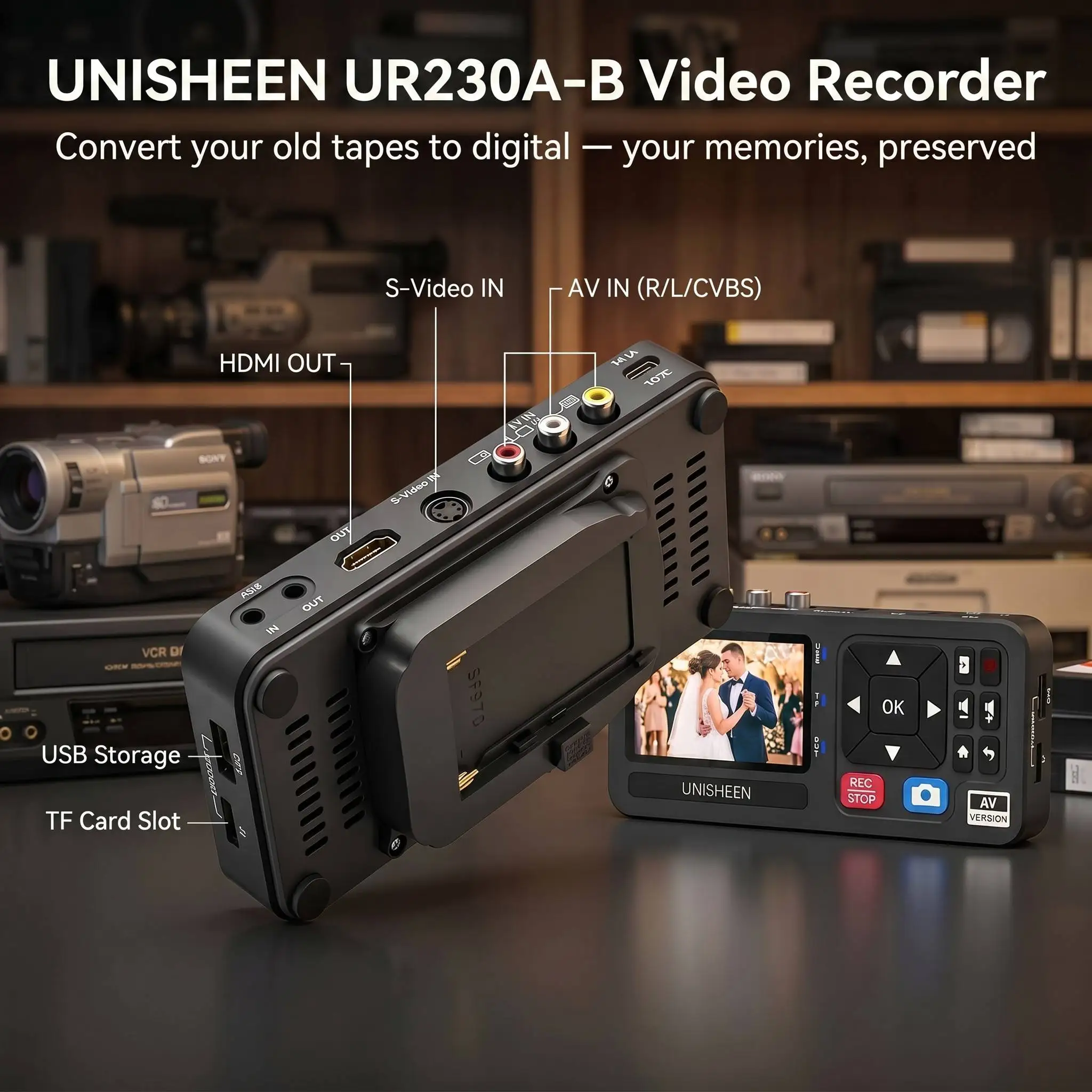 UNISHEEN UR230A Battery Socket TF Analog CVBS RCA SVideo Camera USB Tape VCR VHS to Digital Capture Card Box MP3 Video Recorder