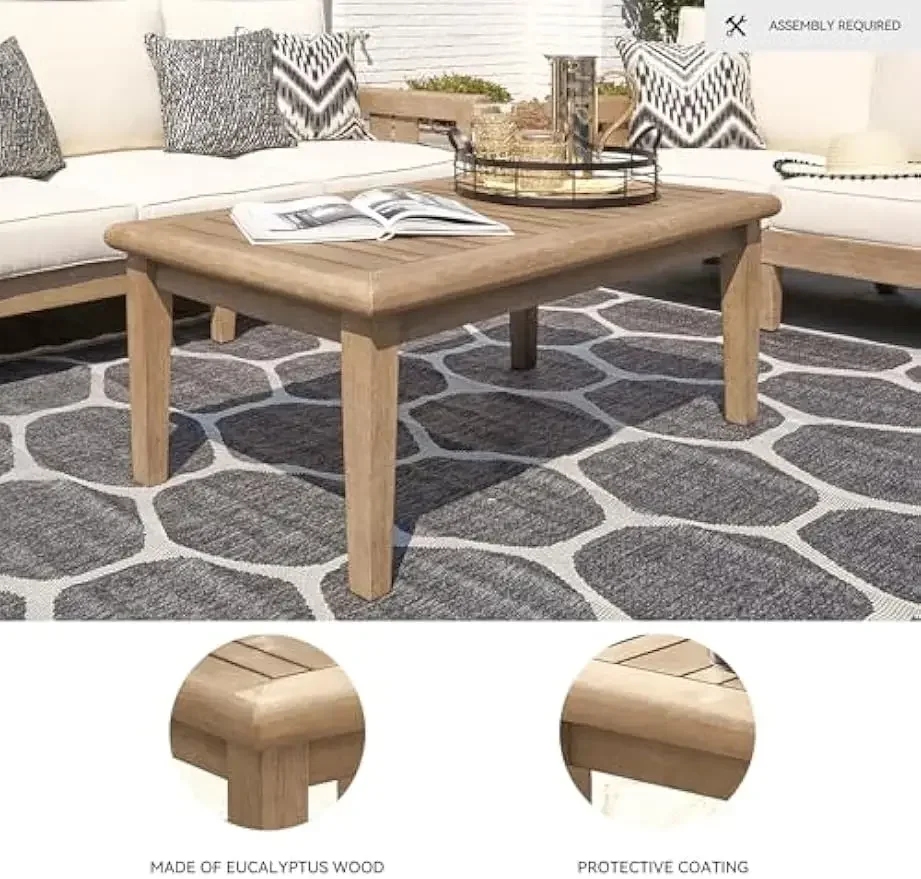 Slat Top Coffee Table, Gerianne Outdoor Rectangular Eucalyptus Wood Beige