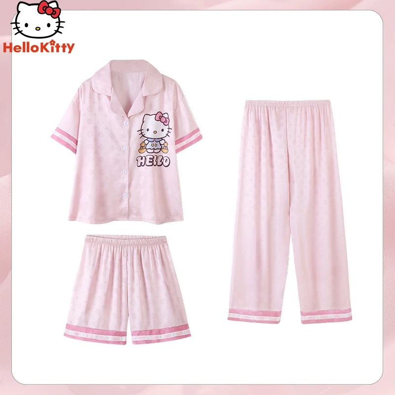 Hello Kittys Cinnamoroll Silky Pajamas Sanrio Anime Kawaii Fashion Spring Summer Home Outdoor Loose Casual Cute Three-Piece Set