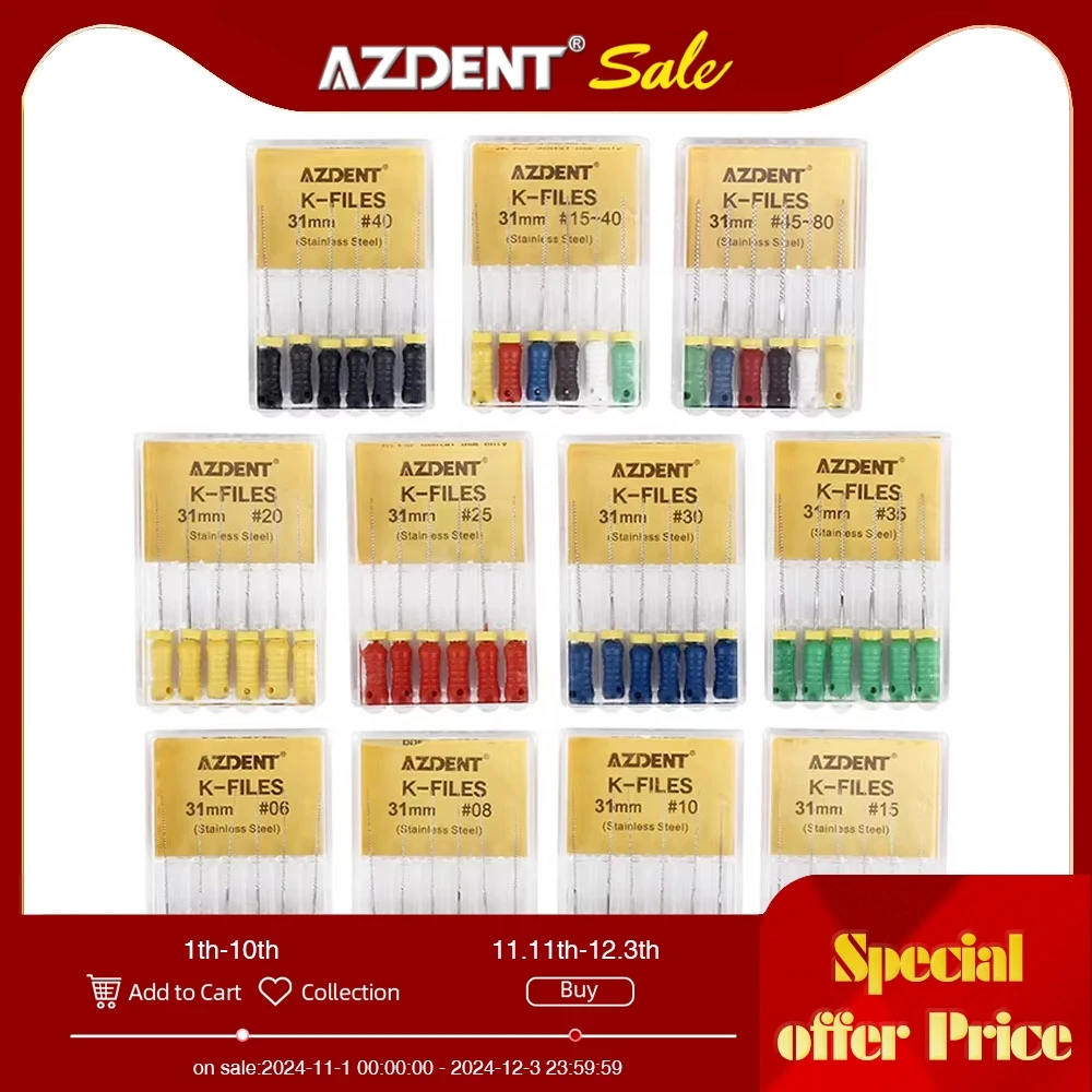 AZDENT-limas K de acero inoxidable para uso manual Dental, herramientas de dentista, instrumentos de laboratorio Dental, 21/25mm, 1 caja