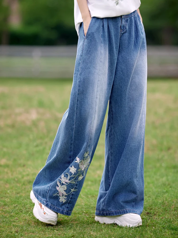 

High Waist Wide Leg Embroidered Denim Jeans Women's Style Summer Casual Pants Floral Pattern Cotton Material Breathable
