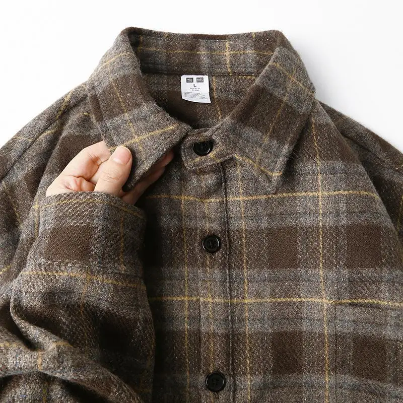 

Heavyweight Plaid Flannel Shirt Men's Autumn Winter American Retro Long Sleeve Collar up Shirt Large Size 300 Pounds