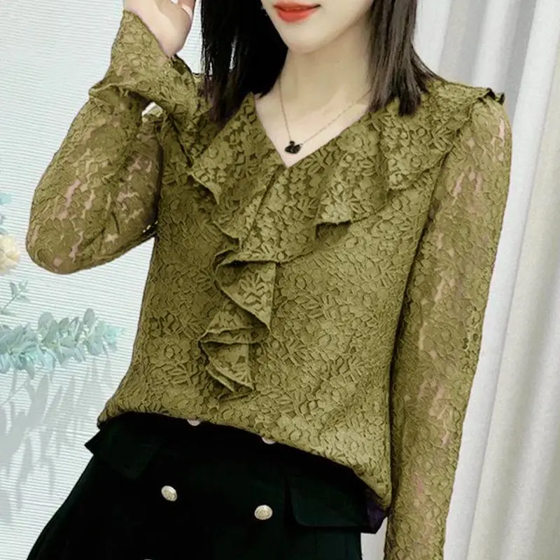 Fashion Solid Color Lace Hollow Out Ruffles Blouses Women\'s Clothing 2023 Autumn Winter Loose Casual Tops Flare Sleeve Shirts