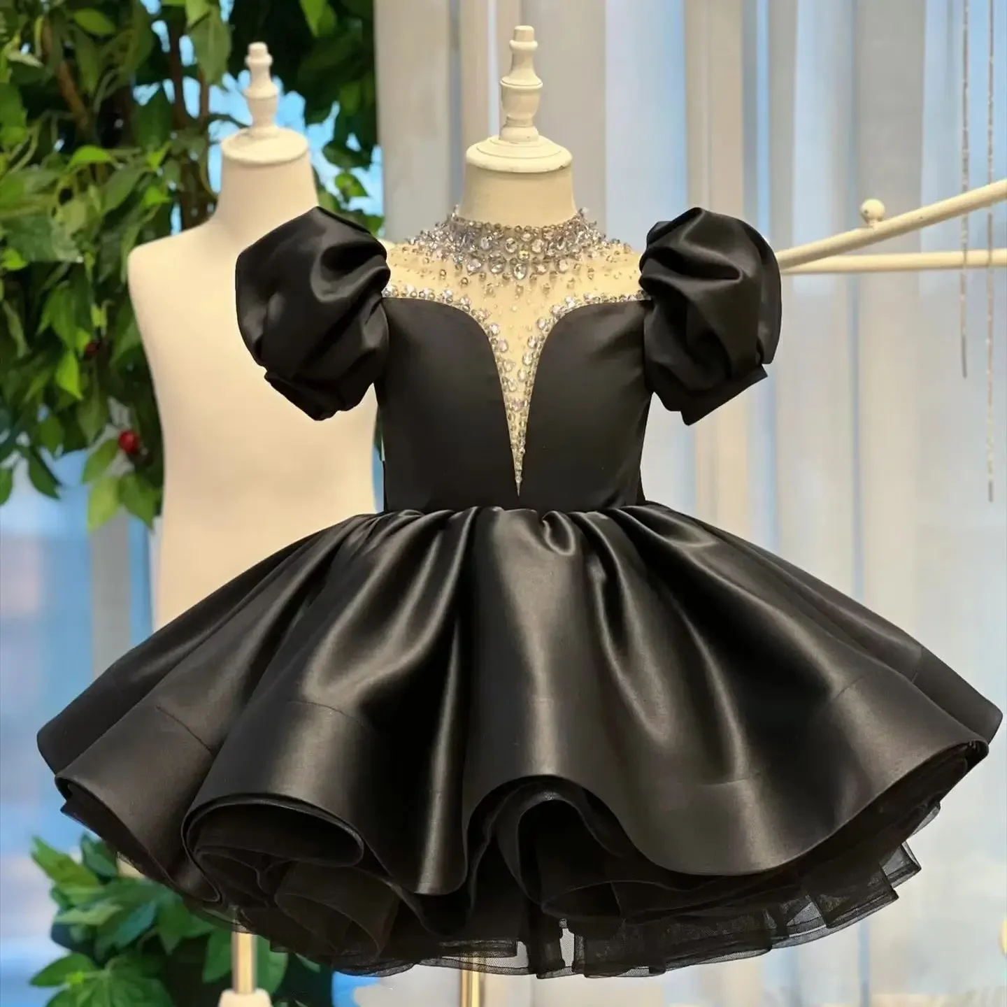 

Custom Flower Girl Dress Wedding Gown Birthday Party Pageant Dress Puff Sleeve Beaded Satin Princess Dress For Girls فساتين بنات