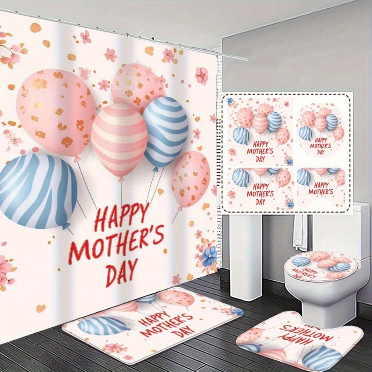 4pcs Efficient and Professional Mother'S Day Gift Set - Bathroom Non-Slip Absorbent Rugs and Shower Curtain with Festive
