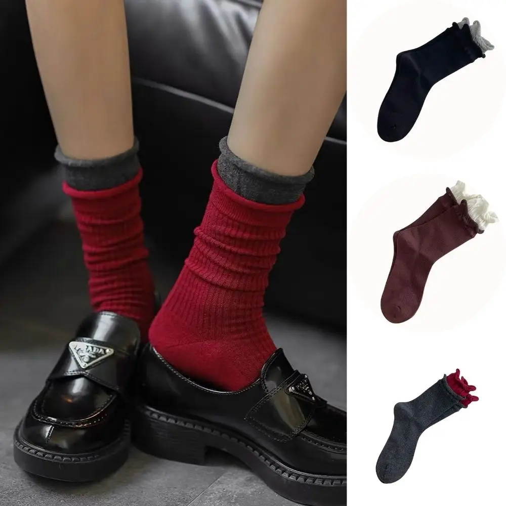 

Women Versatile Color-matched Stockings Korean Style Angora Red Black Mid-calf Socks Breathable Soft Cotton Middle-tube Socks