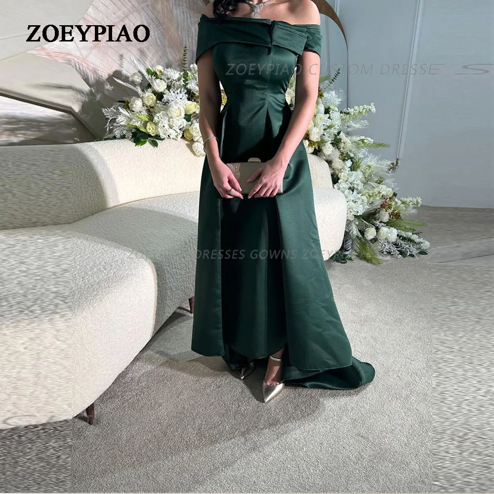 Dark Green Satin Arabic Evening Dress Off Shoulder Short Sleeves Formal High/Low Carpet Celebrity Gowns Dresses For Women