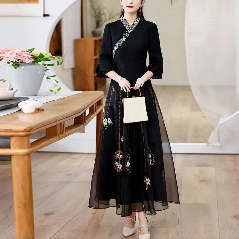 Vintage Chinese Style New Summer Women\'s Embroid Patchwork Elastic Waist Temperament Elegant Versatile Mid Length A-line Skirts