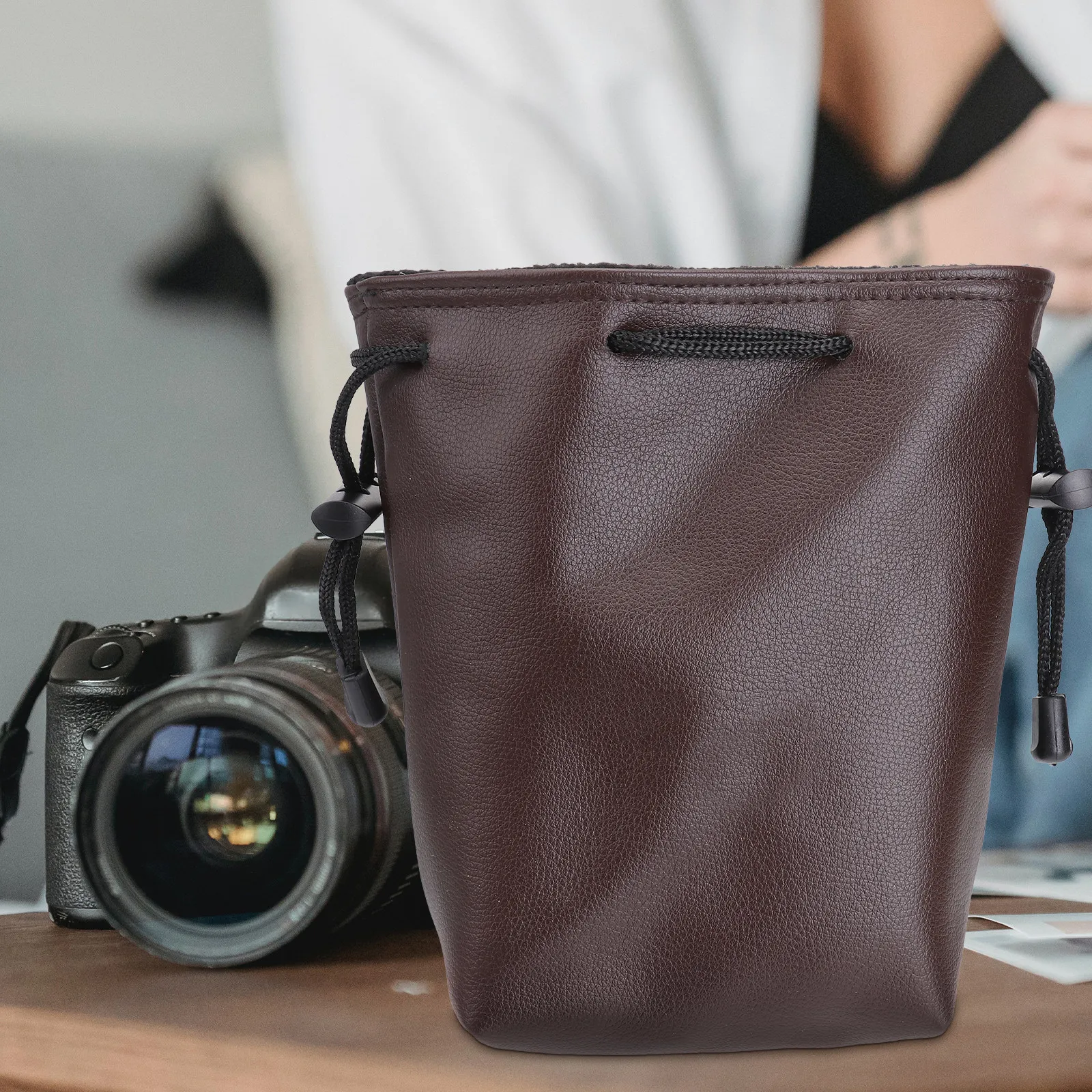 Portable Camera Handbag Protective Storage Bag Drawstring Design for Camera Lens Small Accessories Size L Brown