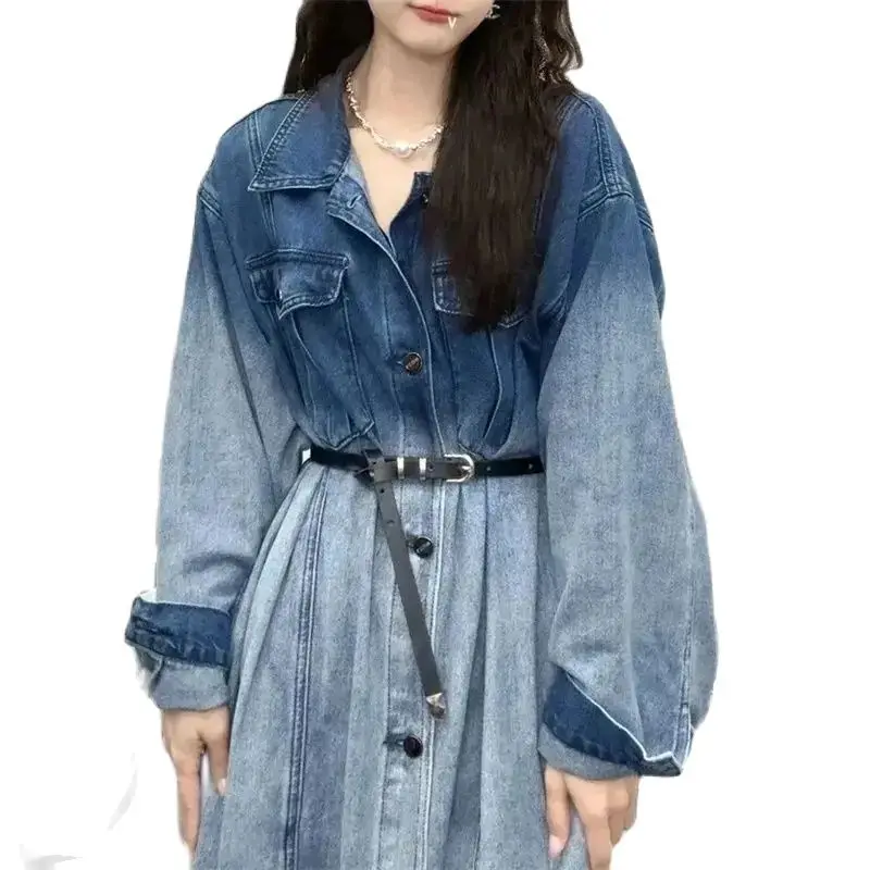 2024 Spring Autumn New Denim Dress Women Loose Long Fashion Dress Coat Single-Breasted Belt Cowgirl Overcoat Pocket Outerwear