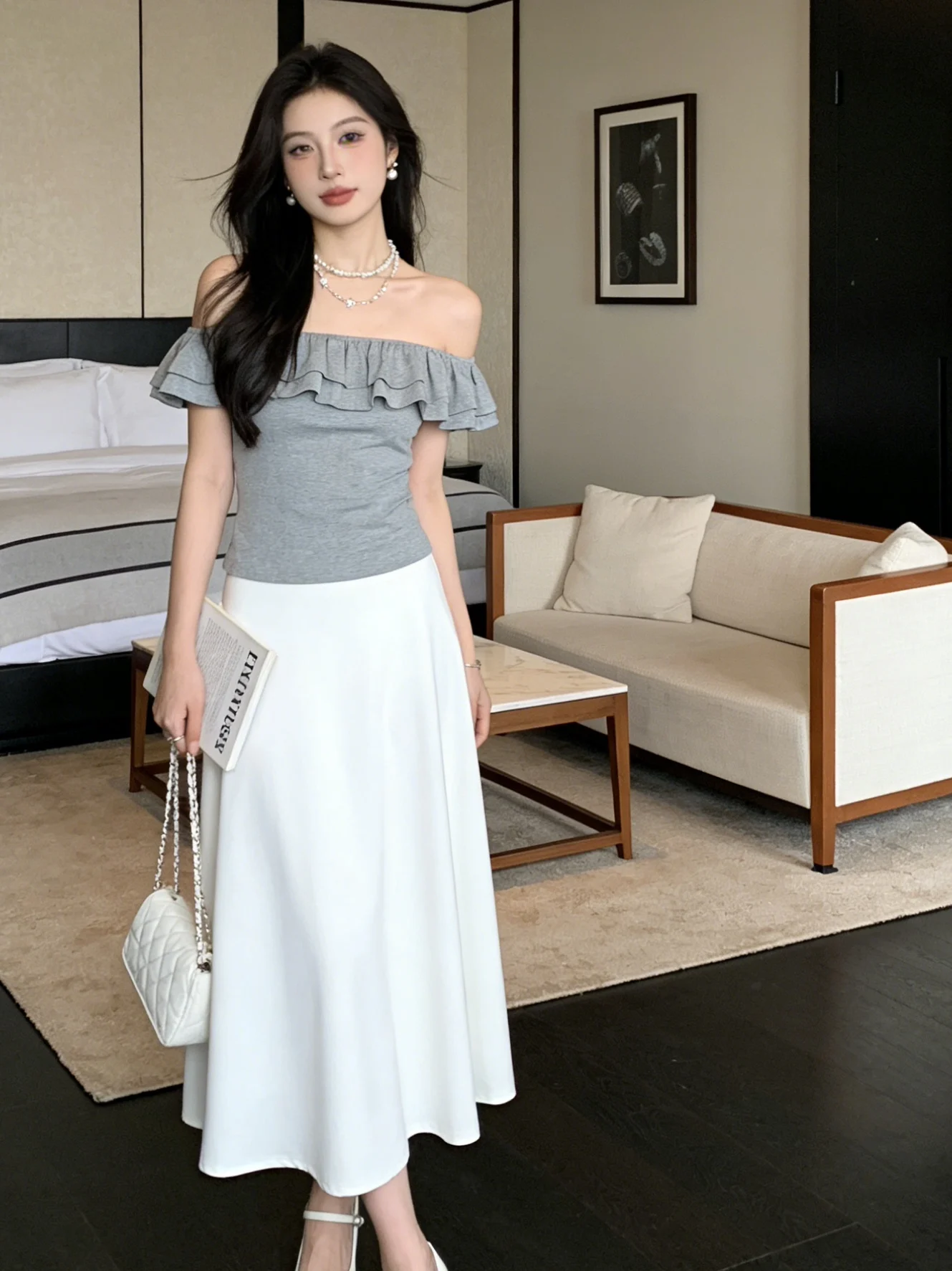 

Юбка миди с высокой талией в корейском стиле, приятная к телу, универсальная, для ранней весны, повседневная, комфортная, для поездок на работу, А-силуэт