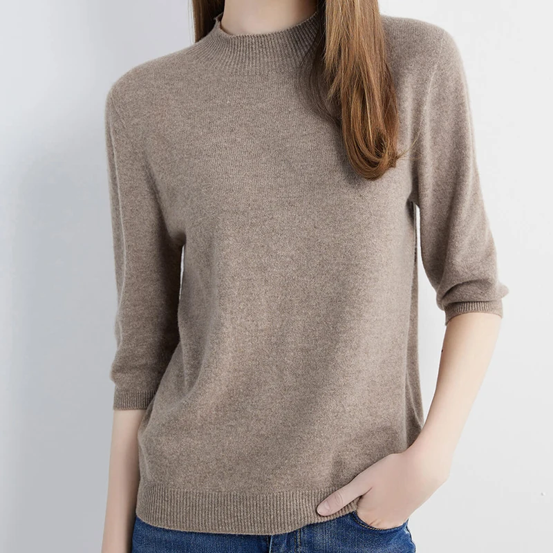 Wool Top Women\'s Sweater Knitwears Short Sleeve Pullover 100% Wool Half Turtleneck Sweater for Women Knit Jumper Female Clothing