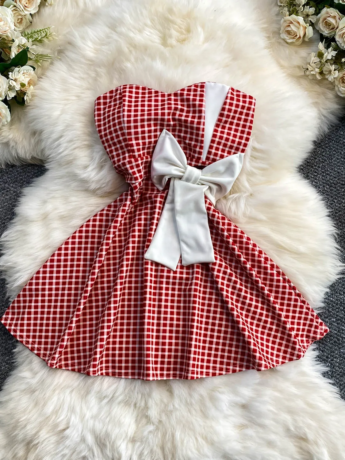 

Sweet Birthday Party Dress Women's Summer Plaid Bows Waist Cinching Slimming Strapless Short Skirt Fashionable A-Line Gown