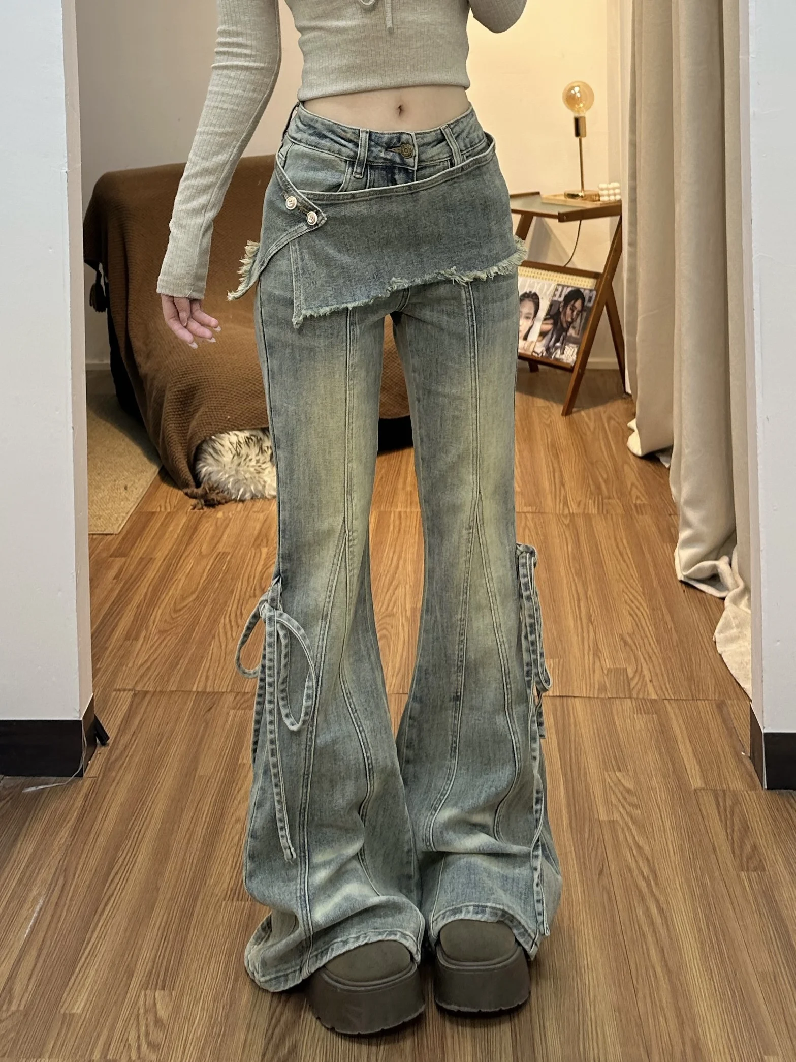 American Retro Bell Bottom Jeans Women's Style Low Waist Bootcut Denim Spring New Arrivals Slimming Effect Casual Wear WJ599