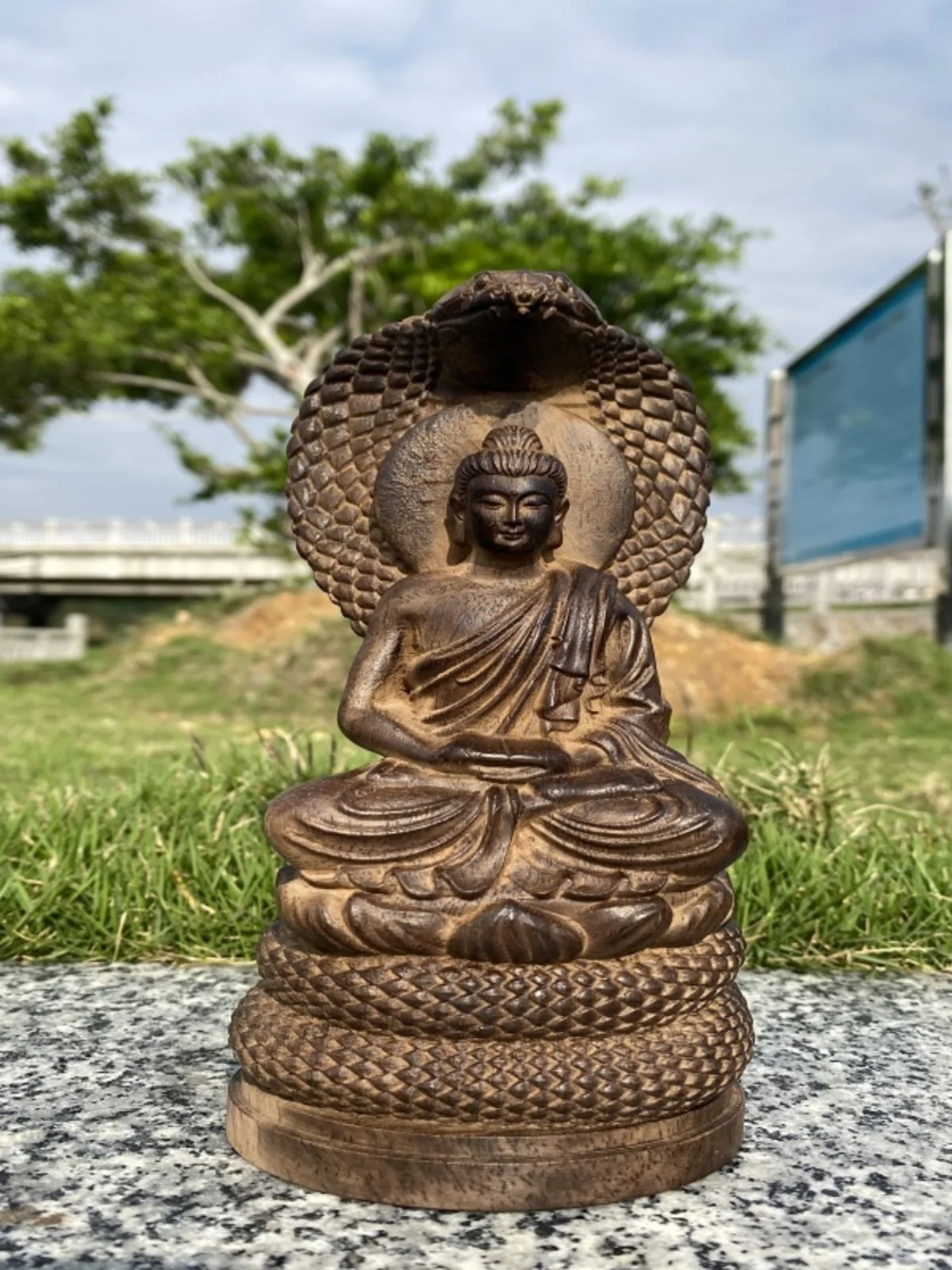 Wood Carving of Serpent Buddha and Vairocana, Shakamuni Buddha, Home Decor Sculpture