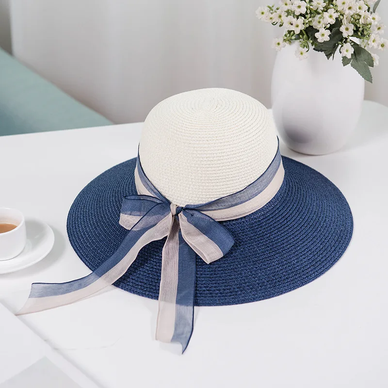 The New Color Patchwork Ribbon Straw Hat Female Summer Beach Holiday Beach Hat Travel Sun Protection Hat