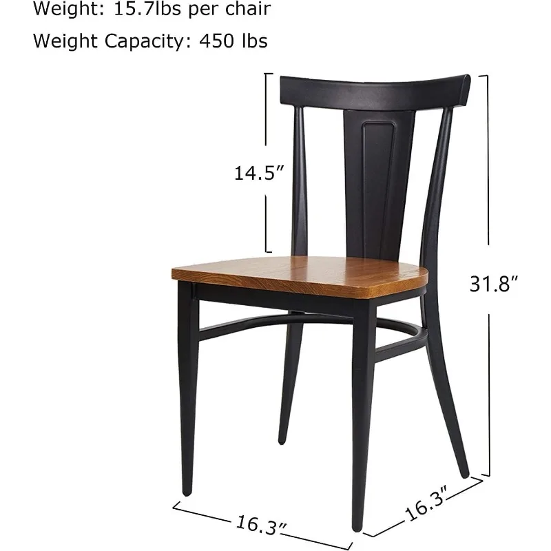 Conjunto de 2 cadeiras de jantar de metal resistente, estrutura de metal, restaurante, sala de jantar, totalmente montado, encosto retrô, preto, casa.