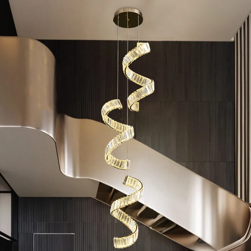 

Luxury Stairs Dimmable Led Chandelier Lustre K9 Crystals Pendnat Lights Wave Steel Droplight Suspend Lamp Home Led Luminarias