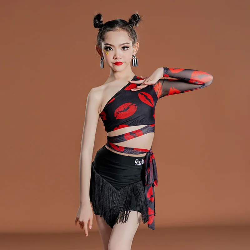 

Girls Latin Dance Costume Outfit Single Sleeve Tops Tassel Skirt ChaCha Dancing Clothes Children Samba Tango Practice Wear