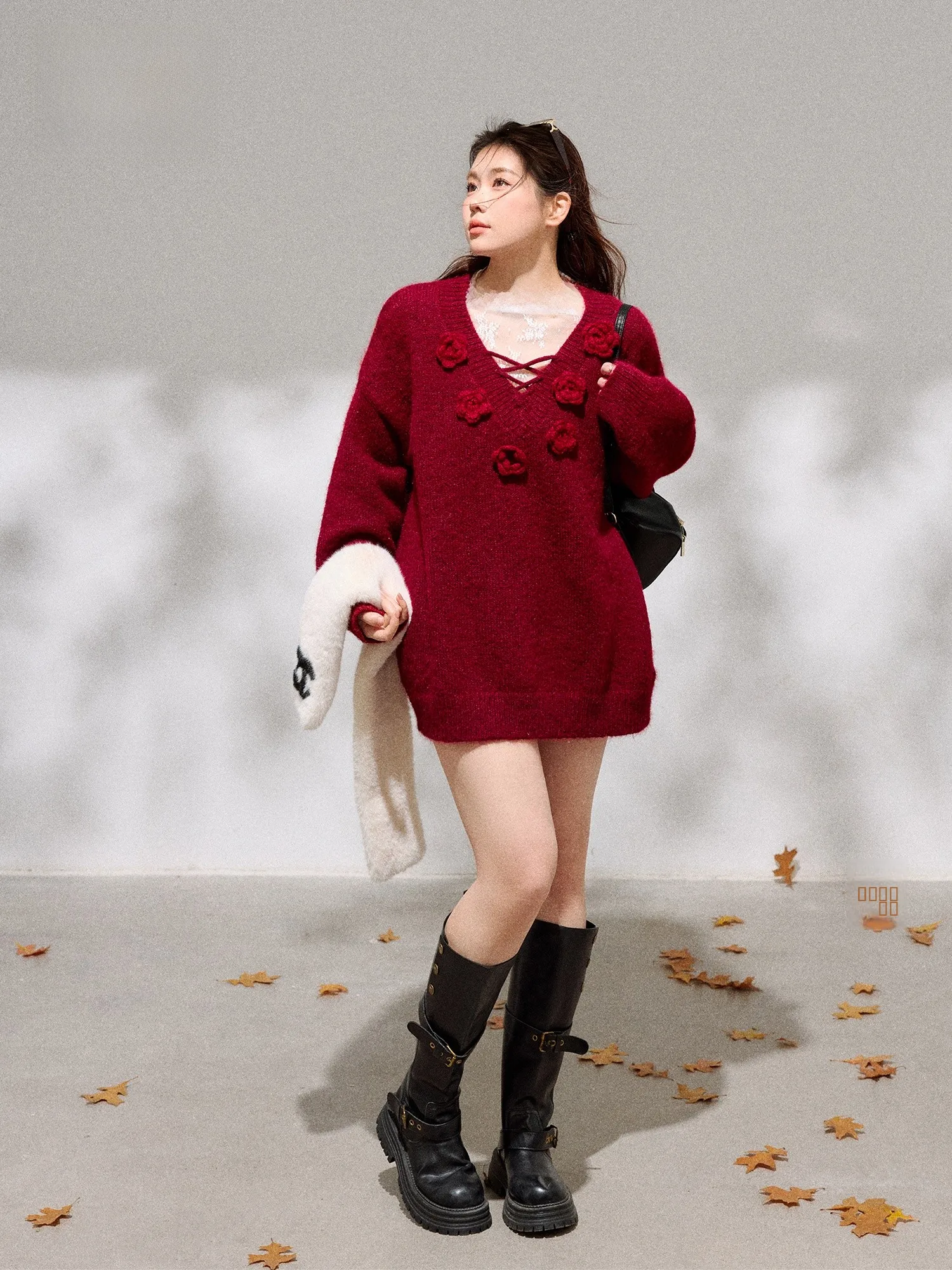 

plus Size Winter Sweater Set V-Ne Mid-Length Korean Sle Slimming Red Lace irt Casual High Waist Long Sve Faion
