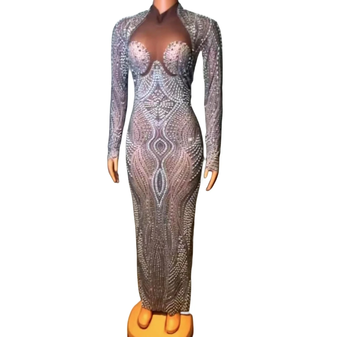 

Luxury Women Sparkly Rhinestone Crystals Beaded Long Dress Party Birthday Stage Performance Queen Singer Costume