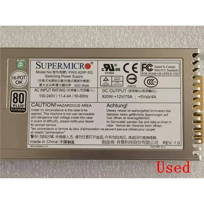PWS-920P-SQ 920W Originale Per Supermicro Server Alimentazione Switching Modulo di Ridondanza PSU 80 Plus Platinum 1U Ridondante 75A