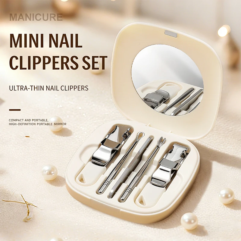 

Набор из 5 мини-кусачек для ногтей из нержавеющей стали с магнитным футляром и HD-зеркалом, портативный маникюрный набор, идеальный подарок для дома и путешествий