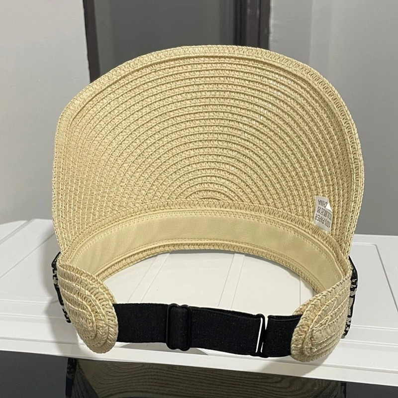 Sombrero de paja tejido a mano para mujer, gorro de viaje para playa, protección solar, Simple, ajustable, elástico, hueco, Top, Verano