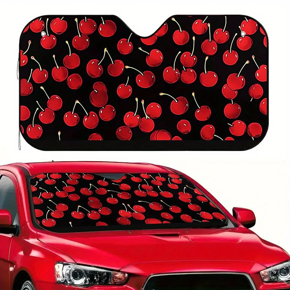 

1pc White Cherry Pattern Car Sunshade - UV Protection & Heat Reduction, Foldable Design With 4 Suction Cups For SUVs, Sedans, Va