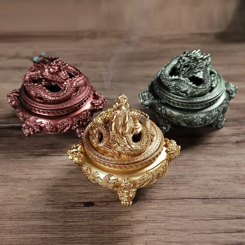 Retro Censer Resin Imitation Alloy Dragon Phoenix Incense Coil/Joss Stick Censer Home Decoration Buddhist Hall Purified Air Tool