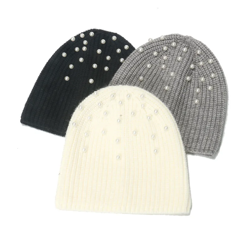 New Winter Classic Knitted Hats for Women Soft Beanies Girls Versatile Pearl Warm Skull Caps Turban Bonnet Cold Hat