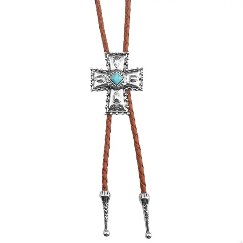 H58E Unisex Stylish Faux Leather Rope Neck Accessory Bolo Tie with Metal Crosses Stone Pendant Cowboy Western Necktie Neckalce