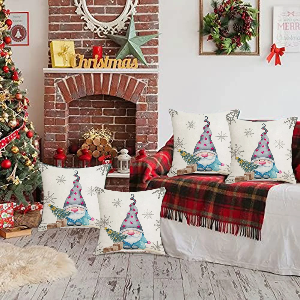 Christmas Pillow Cover 2024 New Year Christmas Blue Printed Polyester Pillow Cover For Indoor OutdoorFestive Home Decorations