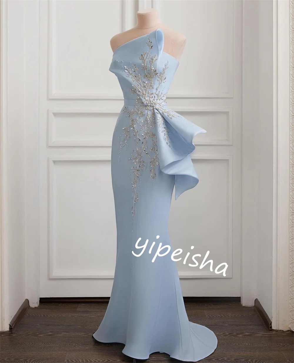 High Quality Sparkle Exquisite Jersey Sequined Pleat Formal Evening Trumpet Strapless Bespoke Occasion Gown Long Dresses