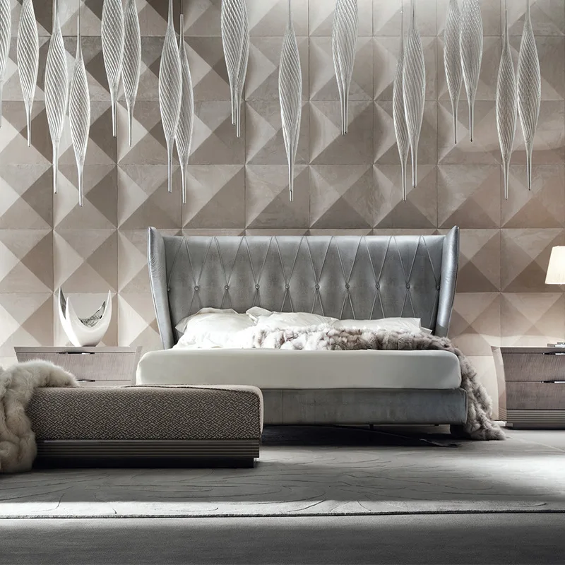 

Light Luxury Bedroom Frosted Double Bed Italian Villa Queen Bed