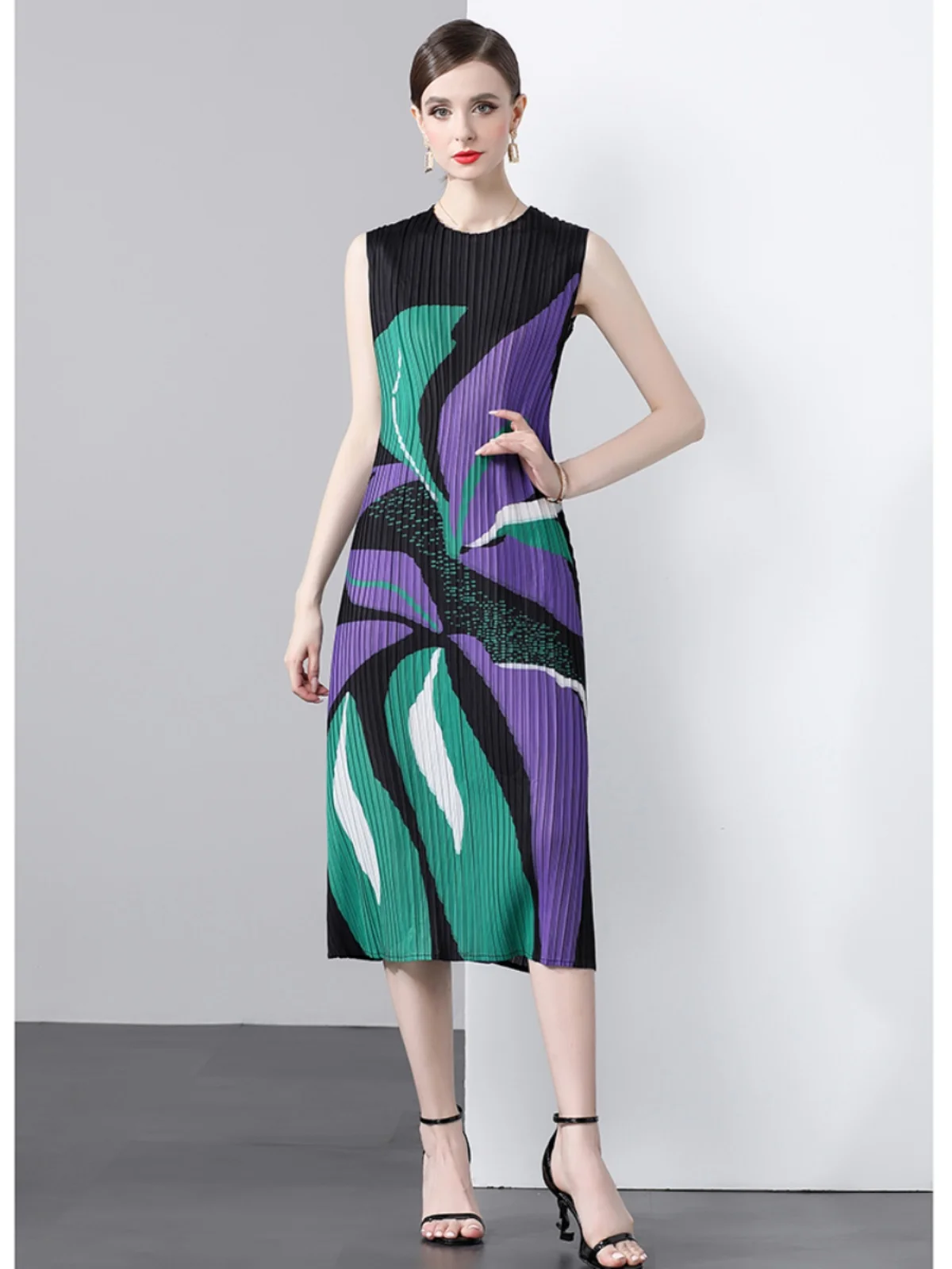 Miyake Pleated, Round Neck Printed Dress, Literary Niche Straight Skirt Pleated Versatile Mother Outfit Foreign Style