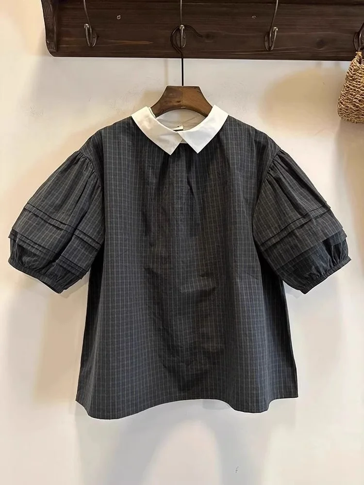 

plus Size 300 Pounds Women's Shirt Retro Plaid Collar Bubble Sleeve Doll Top Slimming Age-Defying Korean Style Loose Fit