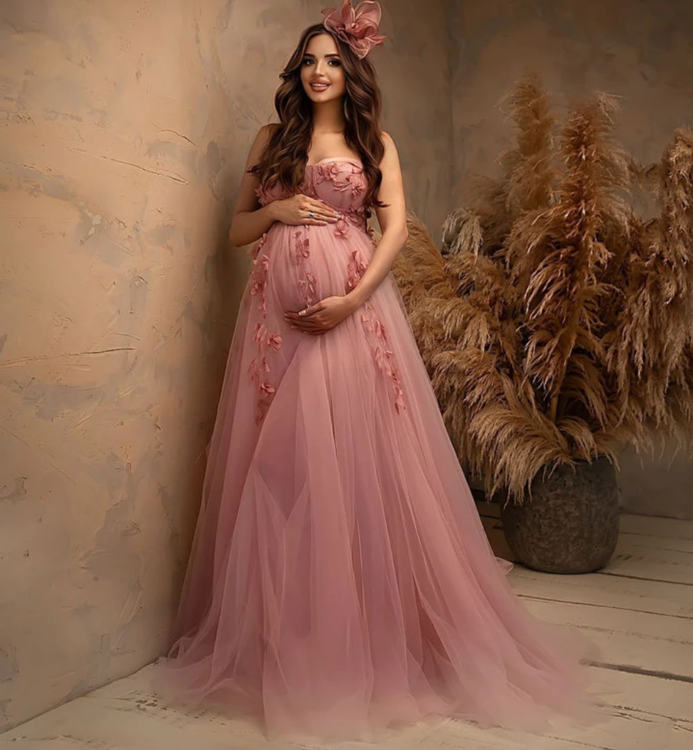 18233#3D Leaf Applique Tulle Maternity Photo Dress with Puff Sleeves for Photoshoot Baby Shower Pregnancy Robe for Pregnant Wome