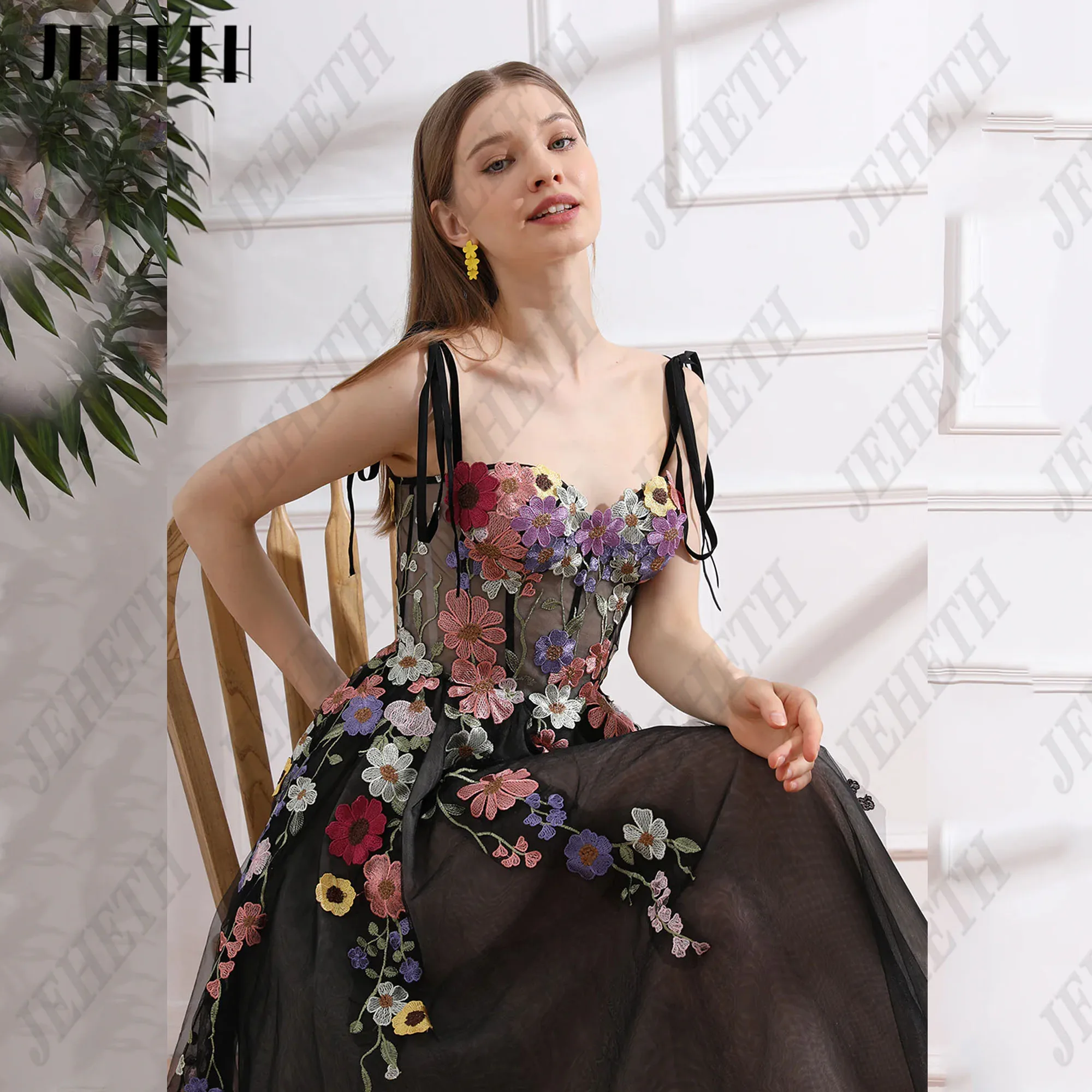 JEHETH Flowers Sweetheart Prom Party Dresses Spagehtti Straps A-Line Floral Print Formal Occasions Dress Tea-Length Lace Up