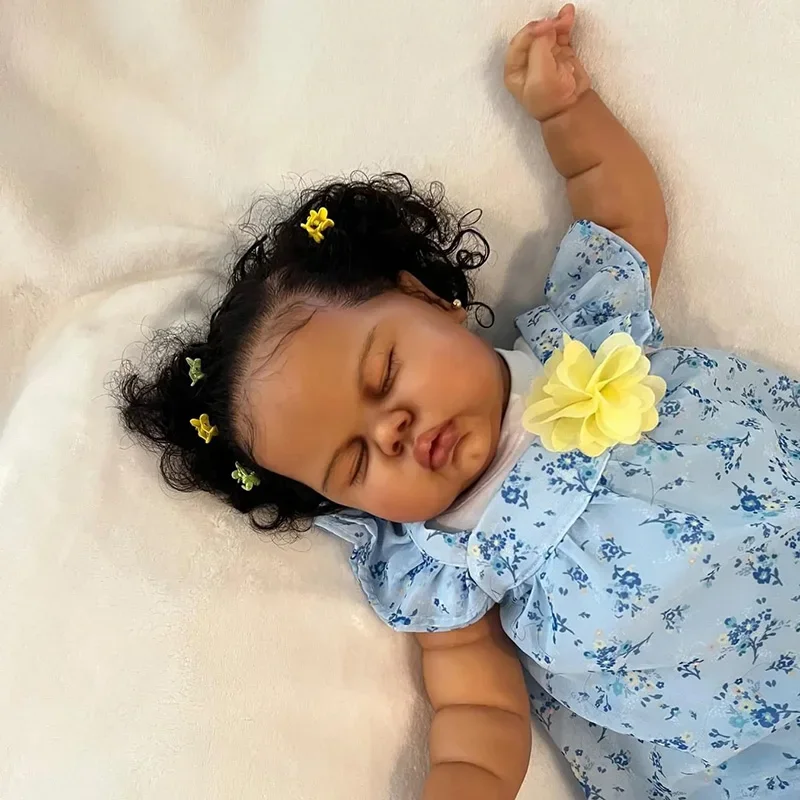 60CM Pickle Dark Skin Sleeping in Soft Cloth Body Lifelike Reborn Toddler Hand Rooted Hair Cuddly Baby Girl Doll Baby