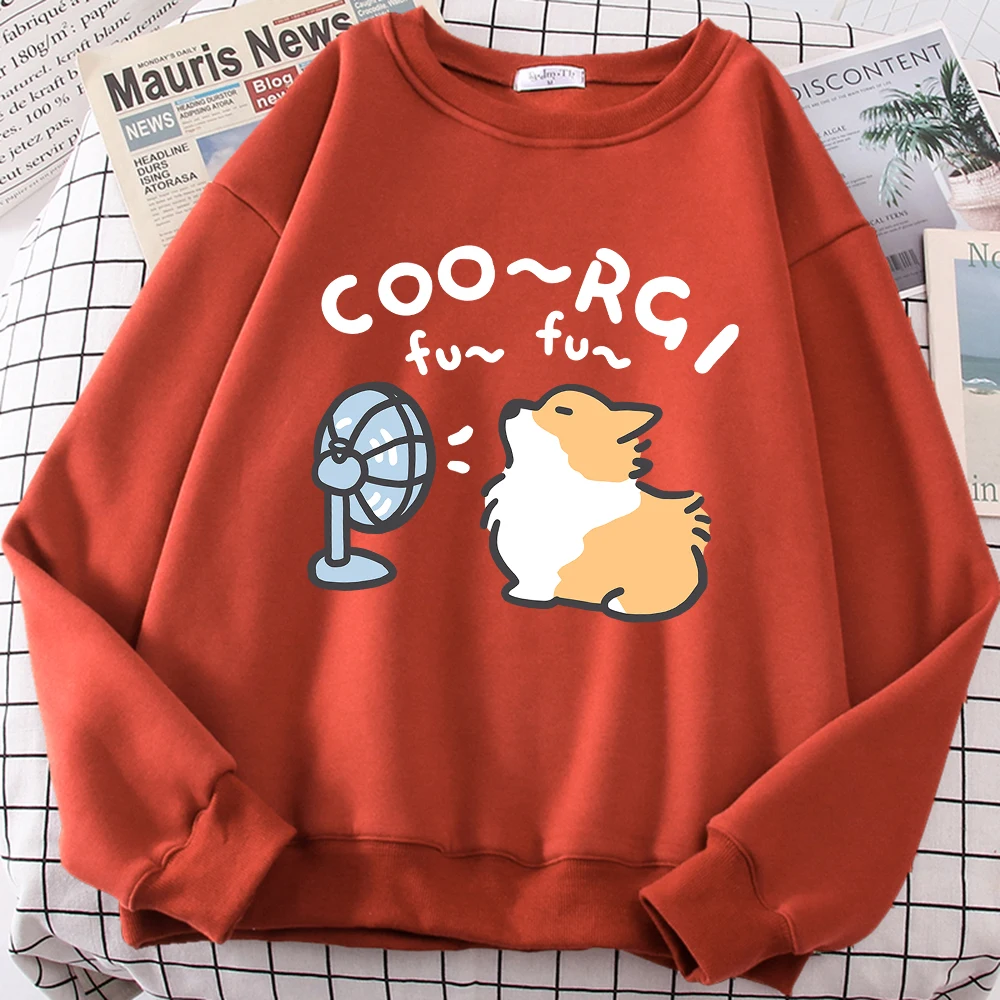 Wind Blowing Corgi Dog Fun Cute Print Cartoons Sweatshirt Men Women Crewneck Pullover Casual Japan Loose Hoodie Cartoons Hoodies