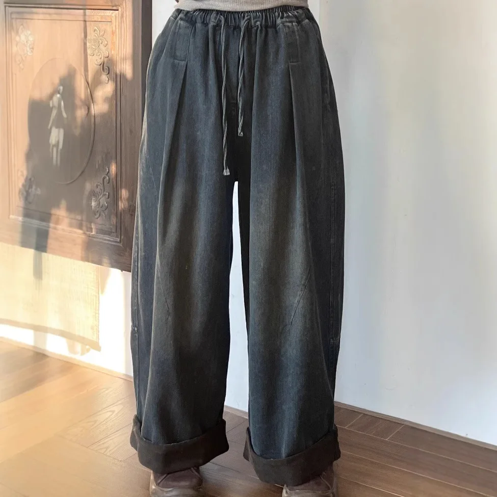 

Корейский стиль, свободные ретро-стили, джинсовые потертые прямые брюки с эластичной резинкой на талии, универсальные повседневные женские брюки 3105