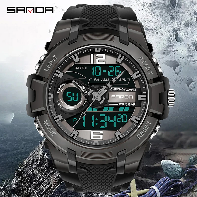 

SANDA Digital Watch Men Military Army Sport Chronograph Quartz Wristwatch Original 50m Waterproof Male Electronic Clock New 6015