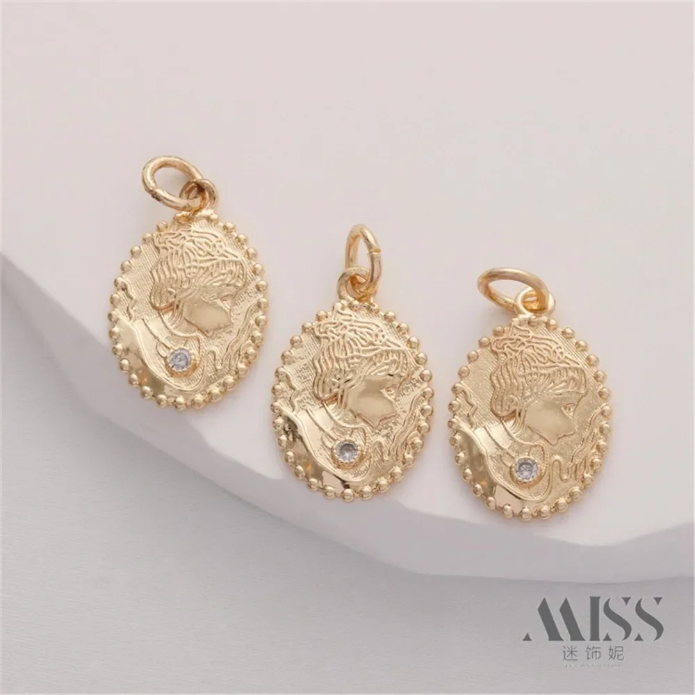 

14K Gold European American Zirconium Inlaid Oval Retro Portrait Pendant DIY Handmade Bracelet Necklace Hanging Tag Accessories